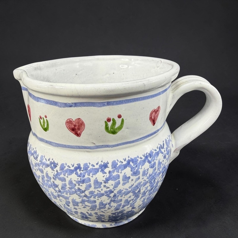 Vintage MM Portugal Hand Painted Terracotta‎ Pitcher Blue Sponge Heart Folk Art
